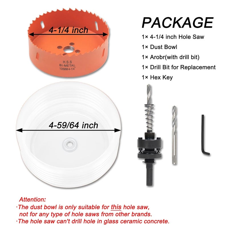 VIKITON 4-1/4 Hole Saw for Recessed Lights, 4.25 Inch Hole Cutter with Dust Bowl Catcher for Led Recessed Lighting 4 Inch and Wood Metal Drywall, Bi-Metal Construction - Image 3